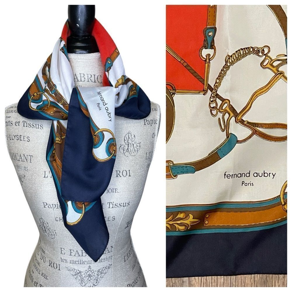 Vintage Fernand Aubry Paris Scarf Equestrian Design Blue Cream Red Tan Gold 30”